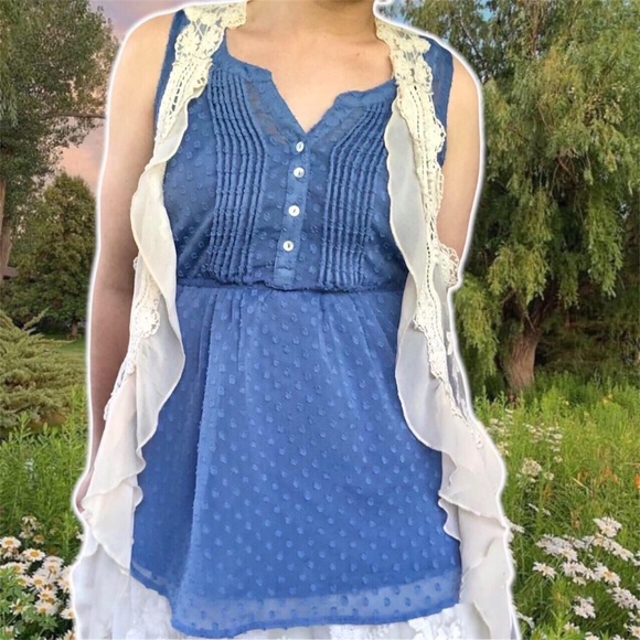 Motherhood Maternity Tops - Motherhood Maternity Sheer Textured Blue Sleeveless Babydoll Henley, Size S